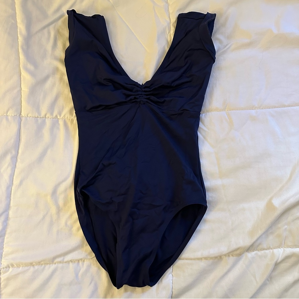 Gaynor Minden Size Small Navy Blue Adjustable Cinch Neckline Cap Sleeve Leotard